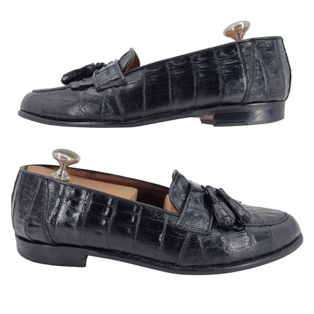 Vintage Belvedere Exotic Full Crocodile Black Dress Shoes Men 8.5 Tassel Loafer - Picture 4 of 12